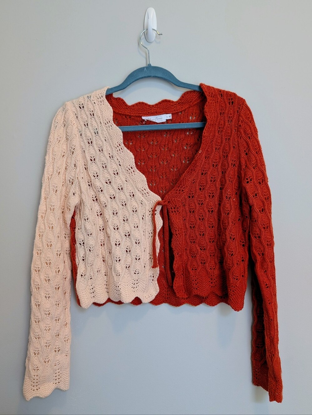 Two-Tone Knit Tie-Front Cardigan - Cream & Orange